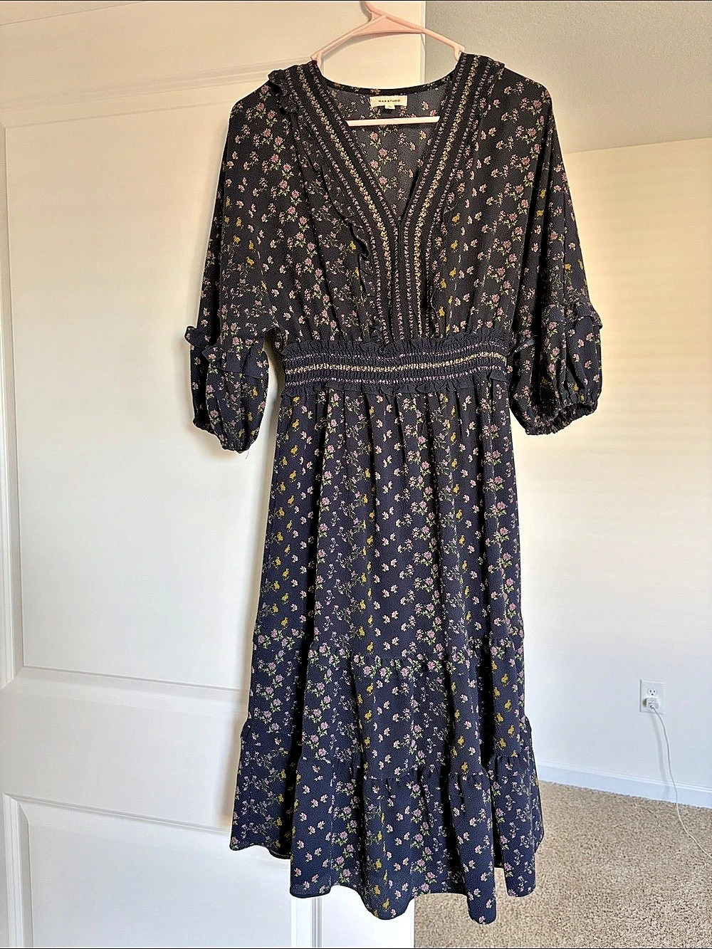 MAXSTUDIO Floral Midi Dress in Black & Pink Size Large Like New